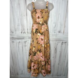 WOMENS ROXY SUNNIER SHORES TIERED SMOCKED TAN FLORAL SLEEVELESS MAXI DRESS S